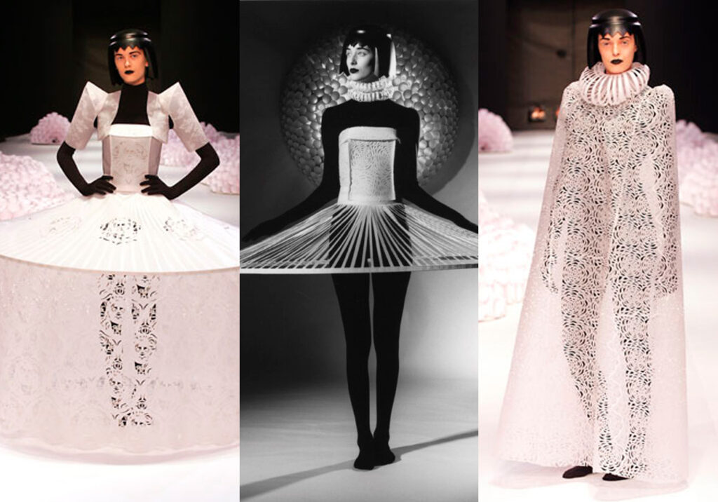 Desfiladas em 2004 no São Paulo Fashion Week, as peças feitas em papel por Jum Nakao foram rasgadas em cena | Foto: Divulgação/Jum Nakao